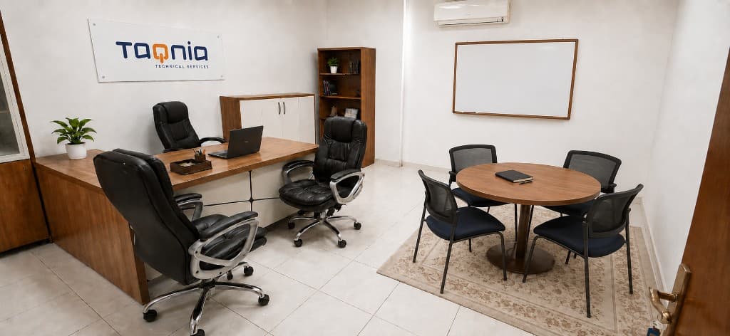 Taqnia Technical Services office interior with workspace and meeting area