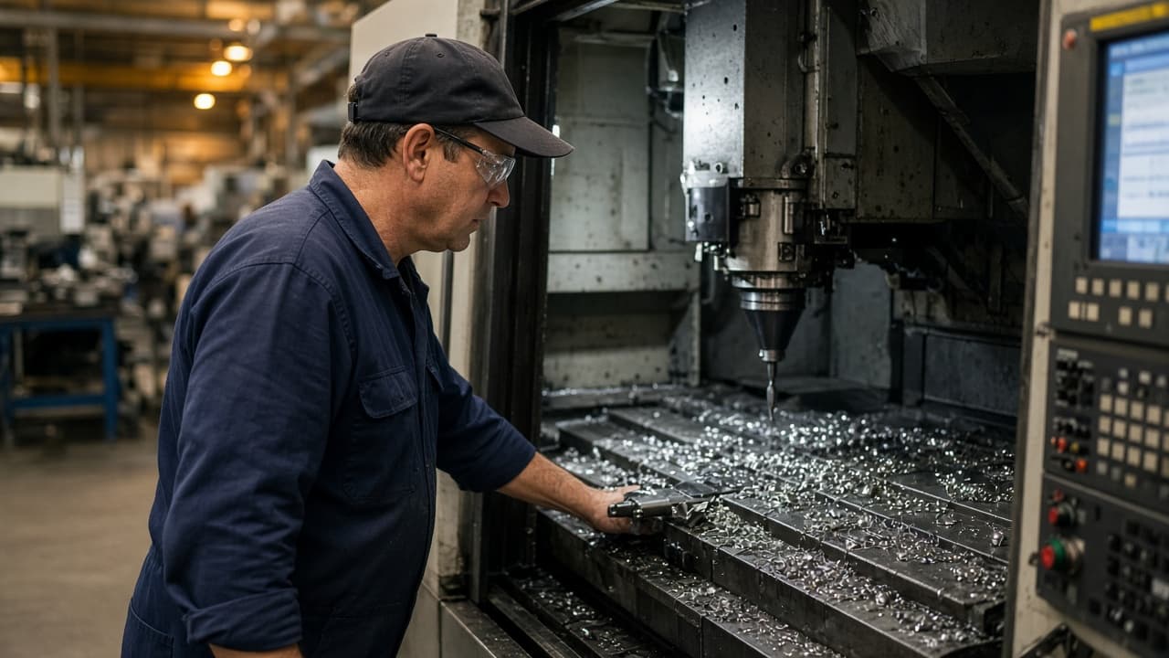 Technician inspecting a CNC machining centre during an on-site breakdown check