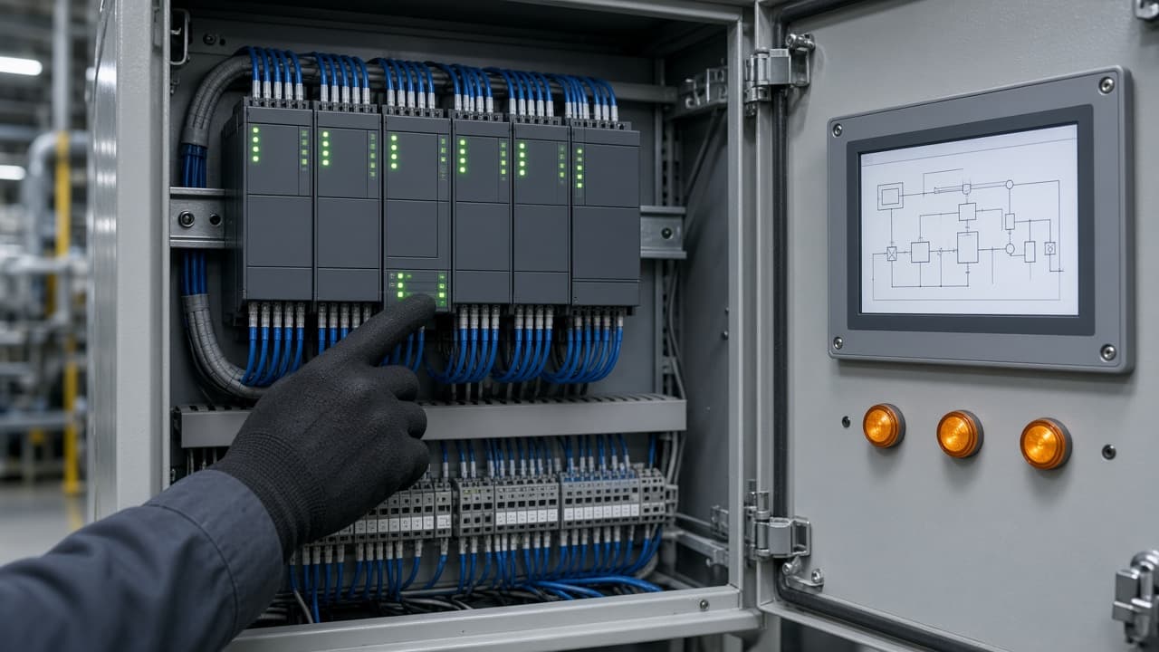 Technician checking PLC modules and an HMI inside an industrial control panel