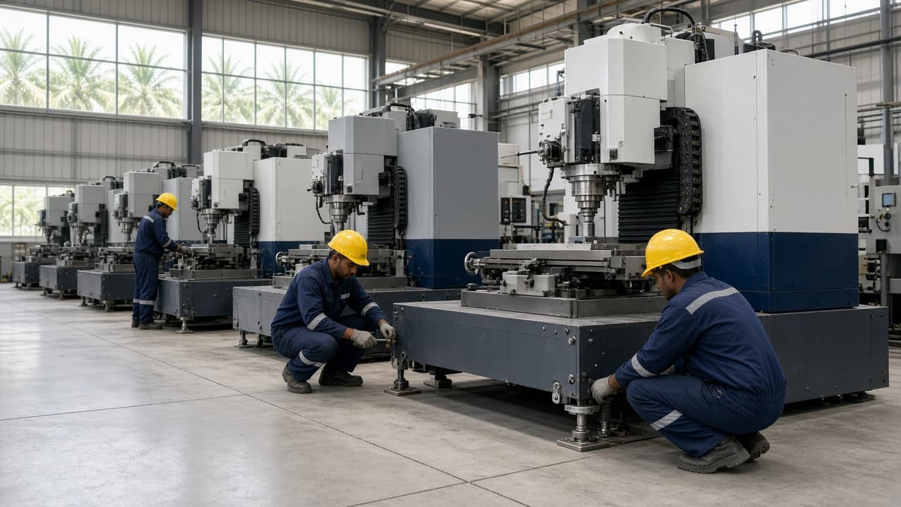 Technicians leveling milling machines during a workshop installation